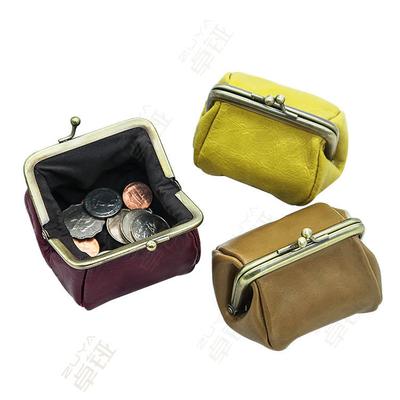 Custom Vintage Genuine Leather Squeeze Change Mini Coin Purse Women Coin Wallet Pouch With Metal Sna