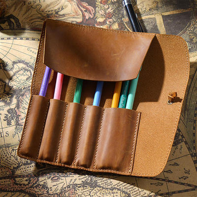 Custom Logo Cute Pen Packaging Bags Brown Leather Pen Case Travel Cord Roll Pouch Leather Cable Hold