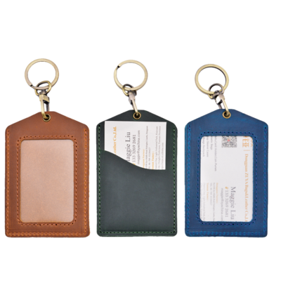 Custom Premium Durable Genuine Leather Business ID Badge Name Card Holder With Keyring