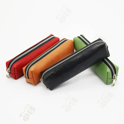 Custom logo kids cute zipper pencil bag stationery pouch personalized genuine leather pencil case