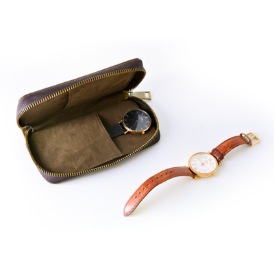 Genuine Leather Vintage 2 slot Handmade Zipper Case Watch Pouch Travel Portable Organizer Watch Bag